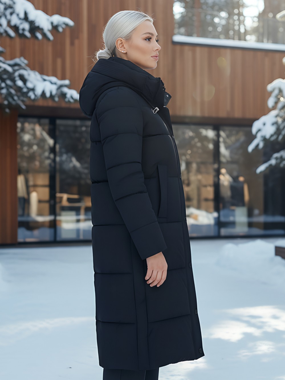 Пальто утепленное стеганное зимнее с капюшоном женское черного цвета 9601Ch