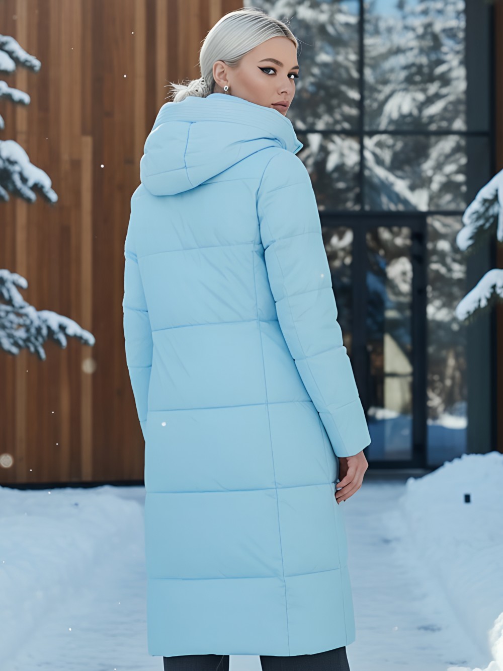 Пальто утепленное стеганное зимнее с капюшоном женское голубого цвета 9601Gl