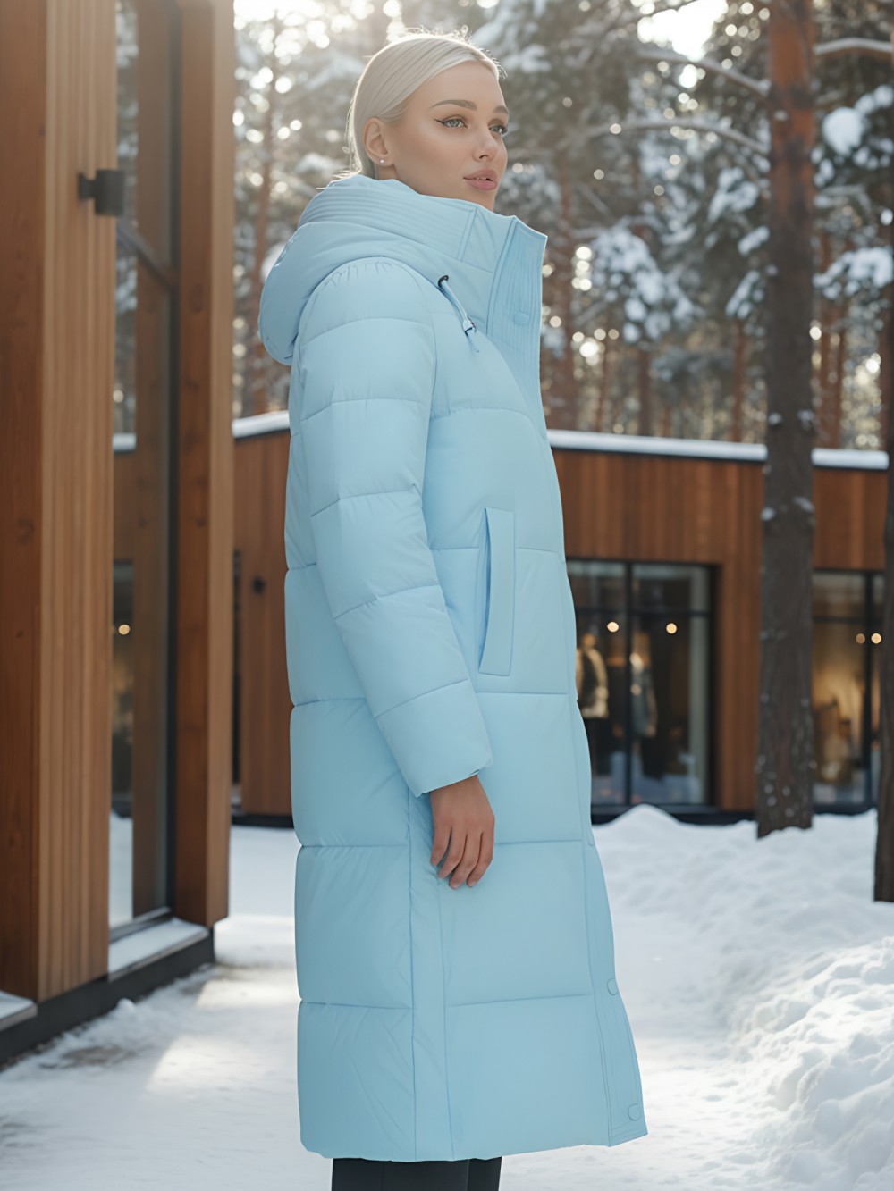 Пальто утепленное стеганное зимнее с капюшоном женское голубого цвета 9601Gl