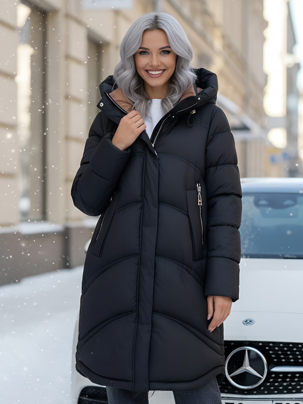Пальто зимнее утепленное с капюшоном женское черного цвета 7747Ch
