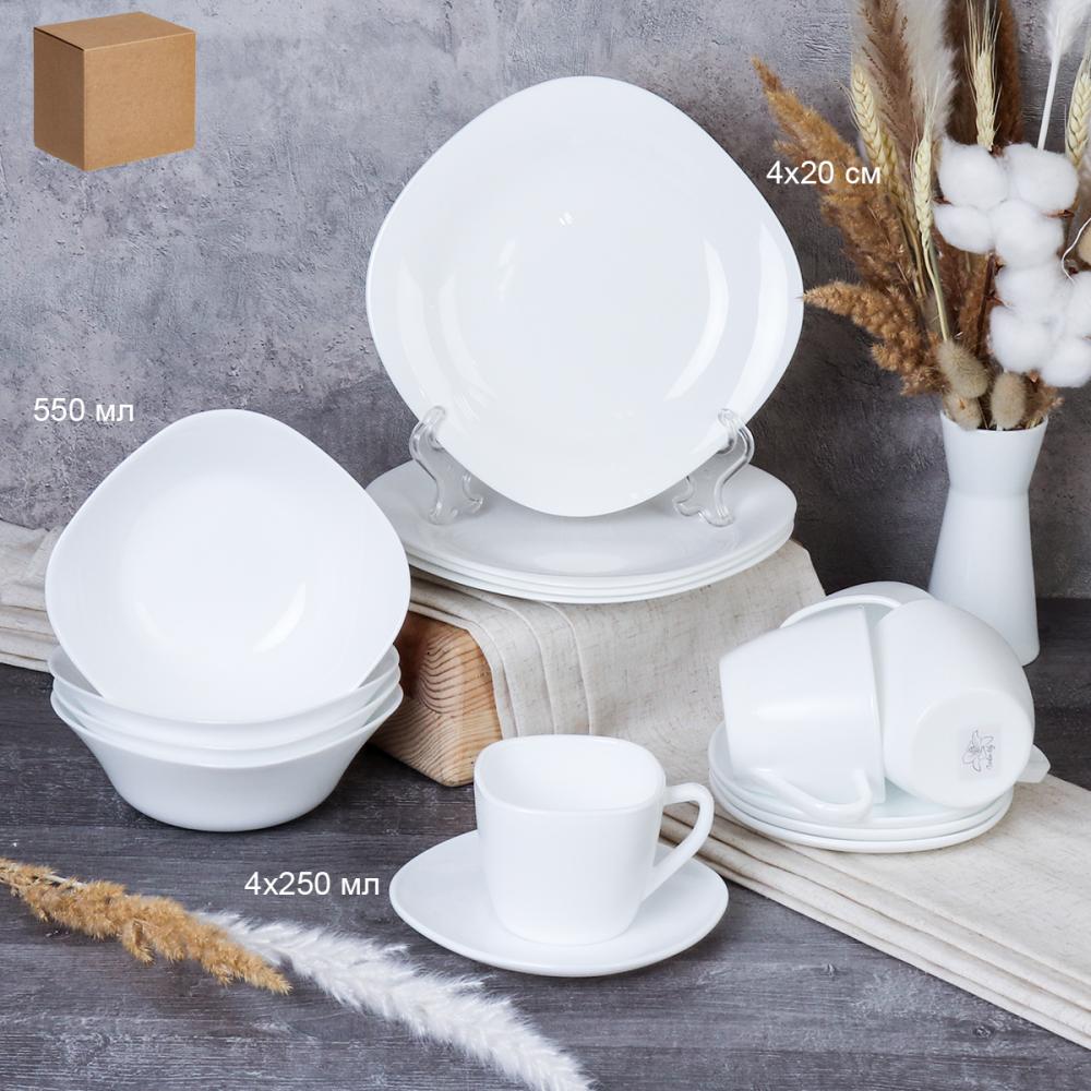 Столовый набор 16 предметов на 4 персоны квадратный с кружками Белый GRAY-Sq16 8565220