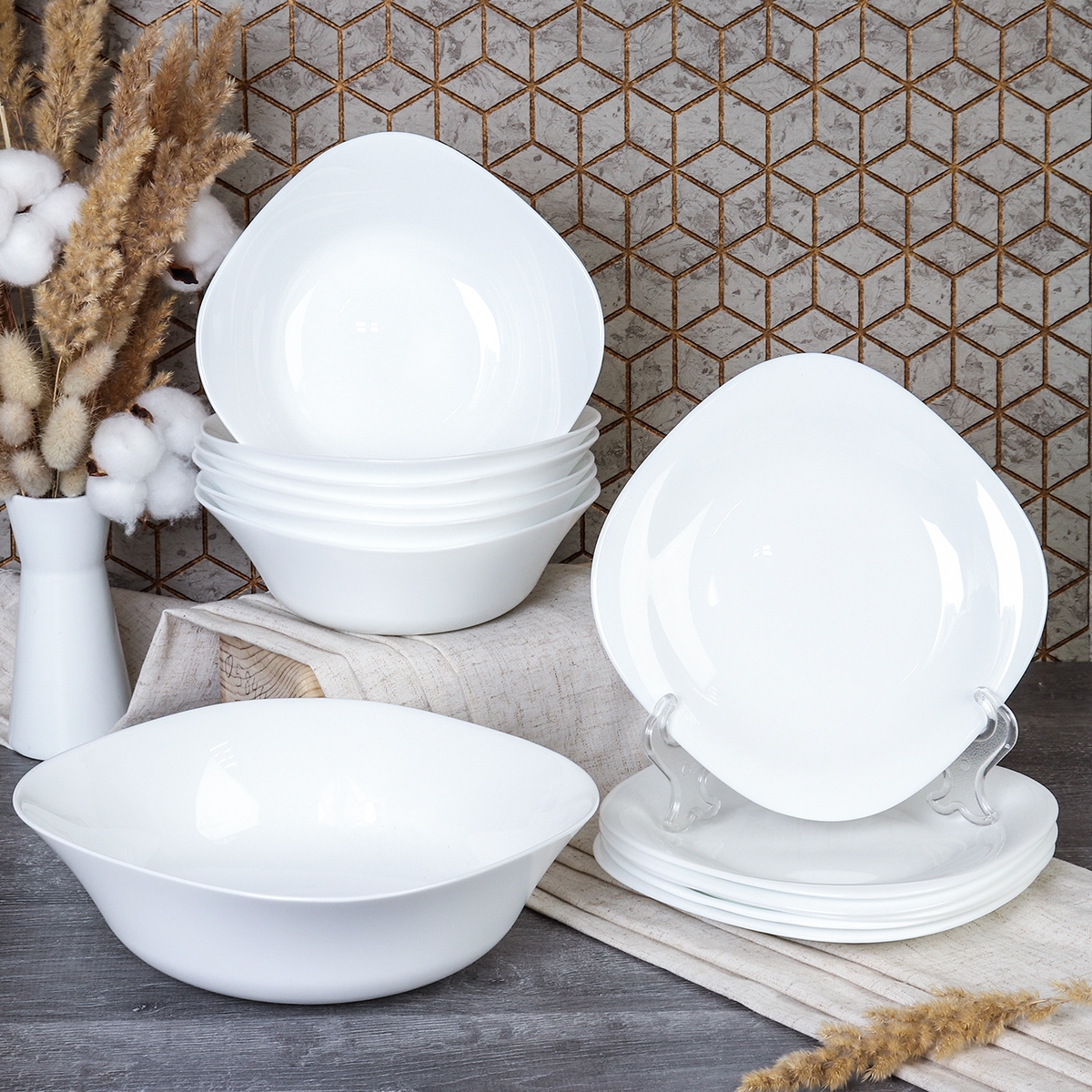 Столовый набор 13 предметов квадратный GRAY-13 87595 (WHITE) (уп 2) большая суповая тарелка