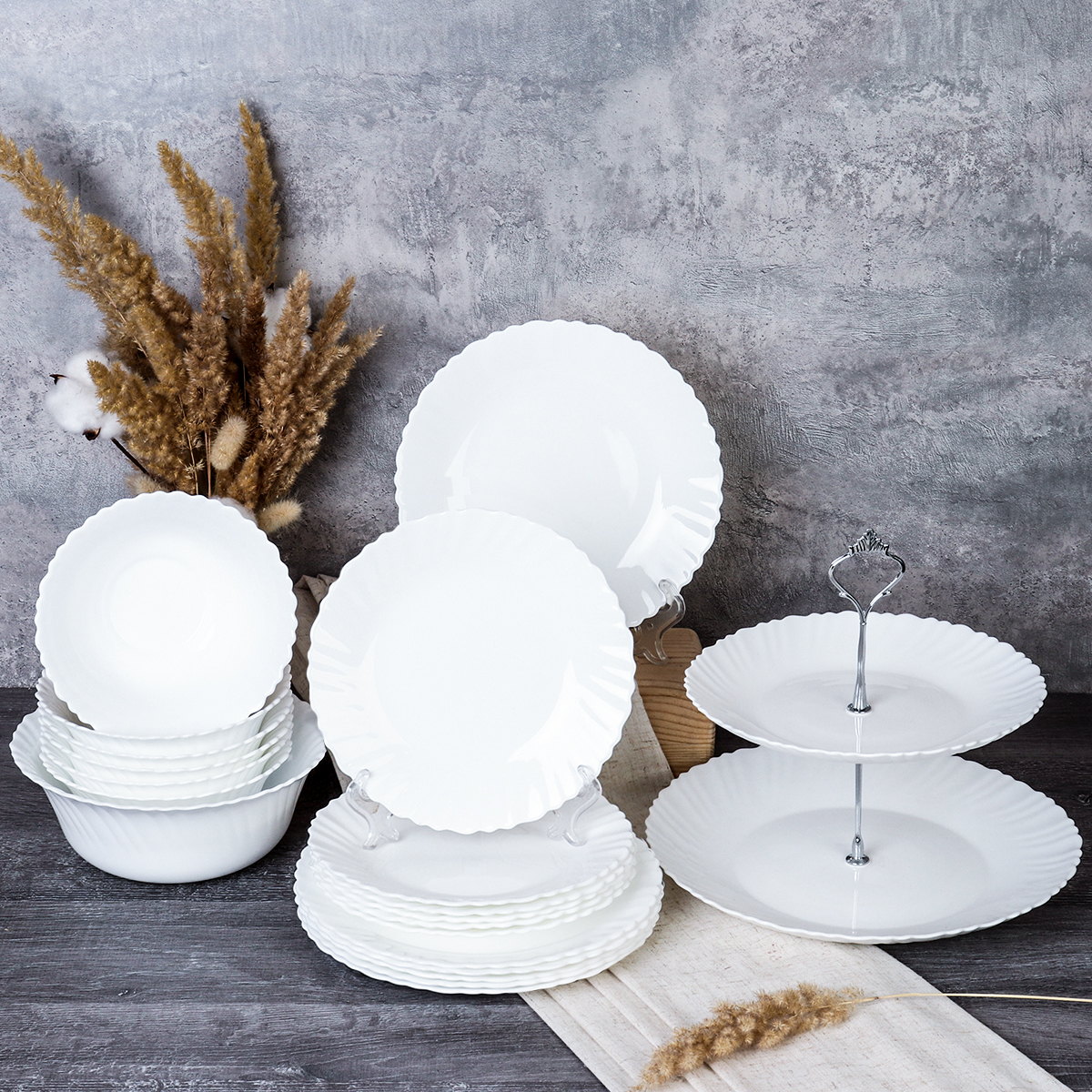 Столовый набор 20 предметов Тюльпан с вазой для фруктов белый 19 LHK680 (WHITE)