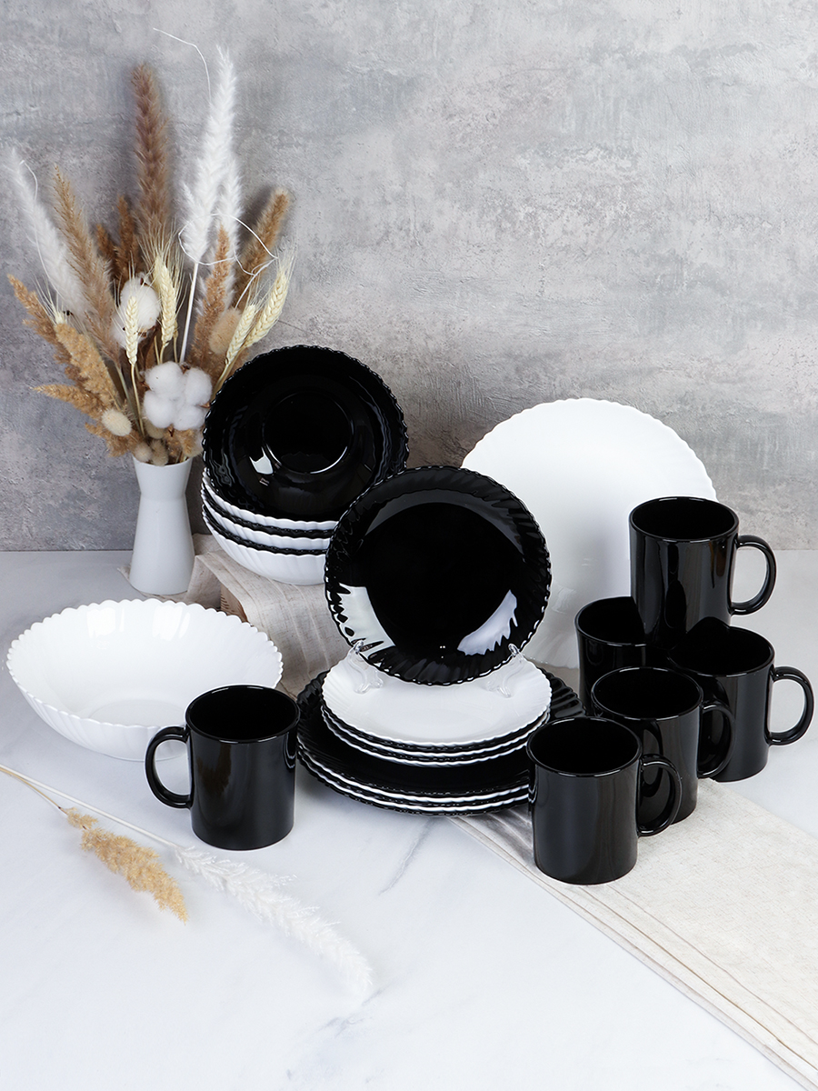 Столовый набор 25 предметов Классика Черно-белый с кружками 360 мл NH19GT-957579 (BLACK&WHITE) B-MK360