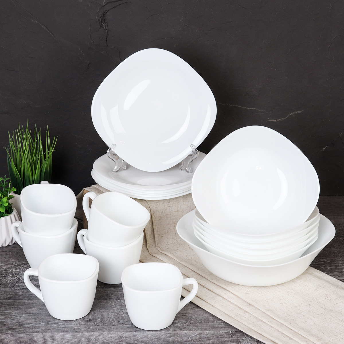 Столовый набор 19 предметов квадратный с кружками 250 мл белый GRAY-13 87595- BY09FXB220JC