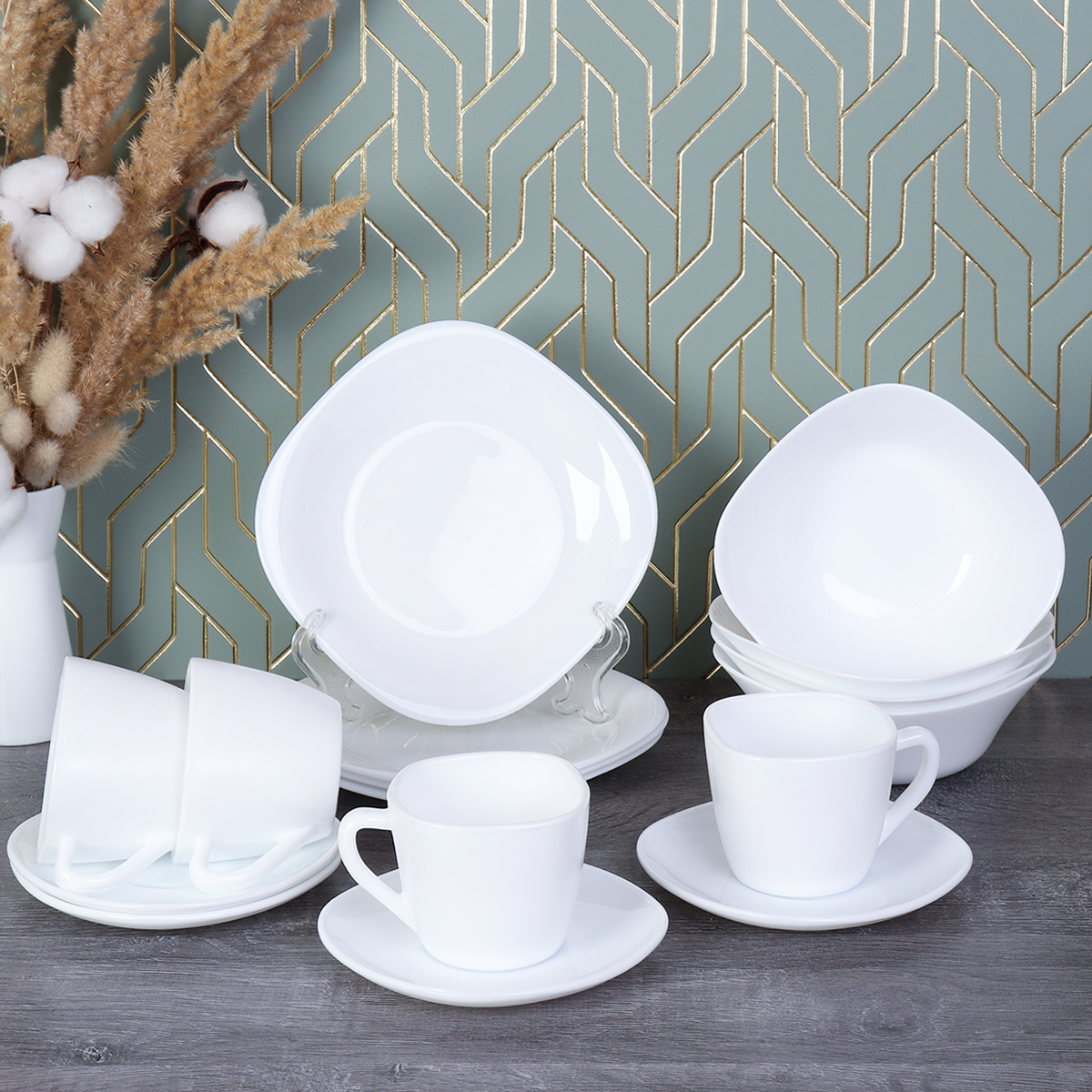 Столовый набор 16 предметов на 4 персоны квадратный с кружками Белый GRAY-Sq16 865220 (уп 2)