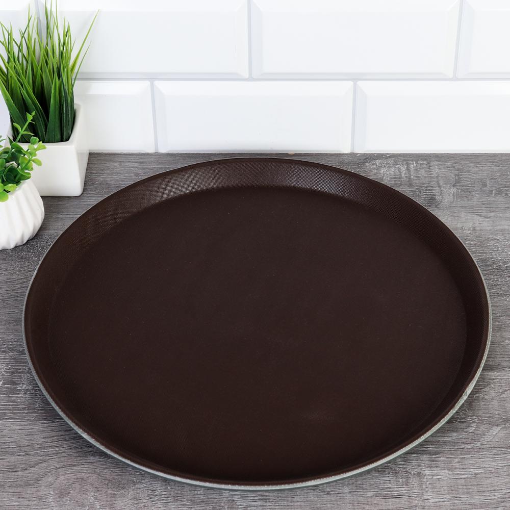 Поднос антискользящий 35 см круглый прорезиненая поверхность / NTSK35 /уп 25/коричневый