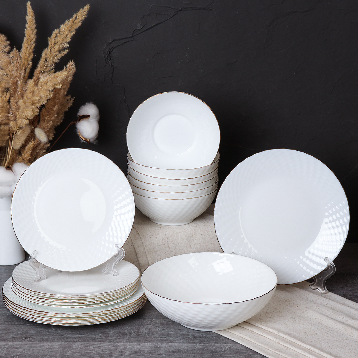 Столовый набор 19 предметов ЗОЛОТО фактурный WV19AT-8575685(WHITE GOLD) (уп 2)