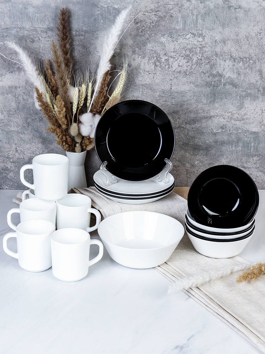 Столовый набор 19 предметов Евро Черно-белый ИНЬ ЯНЬ с кружками 320 мл NN13-BW 756075 WHITE-BLACK (уп4)