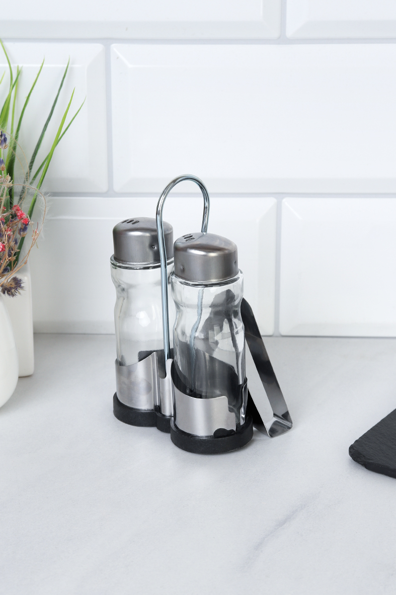 Набор для специй 2 предмета на подставке МЕТАЛЛ с ячейкой под салфетки / NB-613 /уп 72/нерж