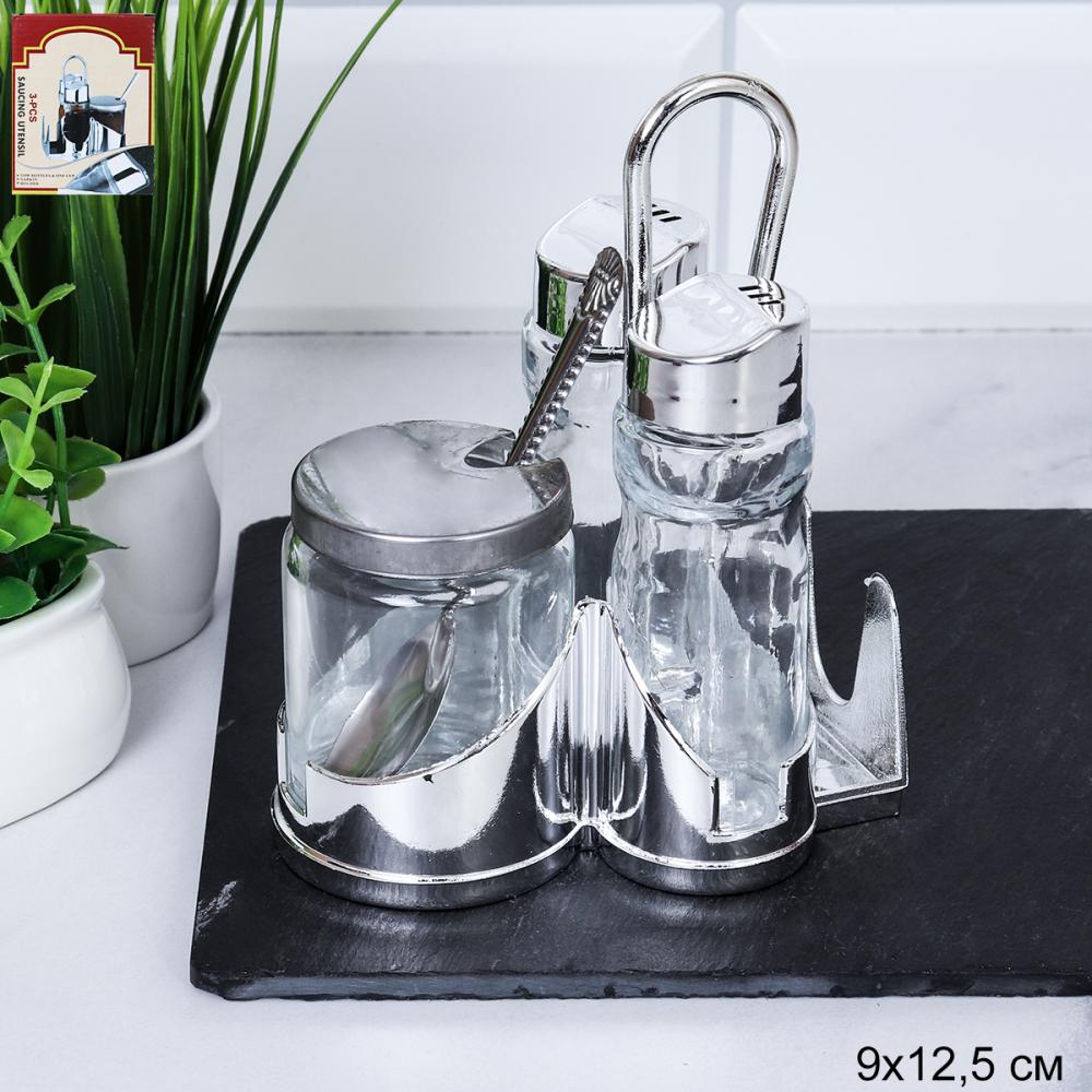 Набор для специй 4 предмета на подставке пластик с ячейкой под салфетки / A-824 /уп 60/