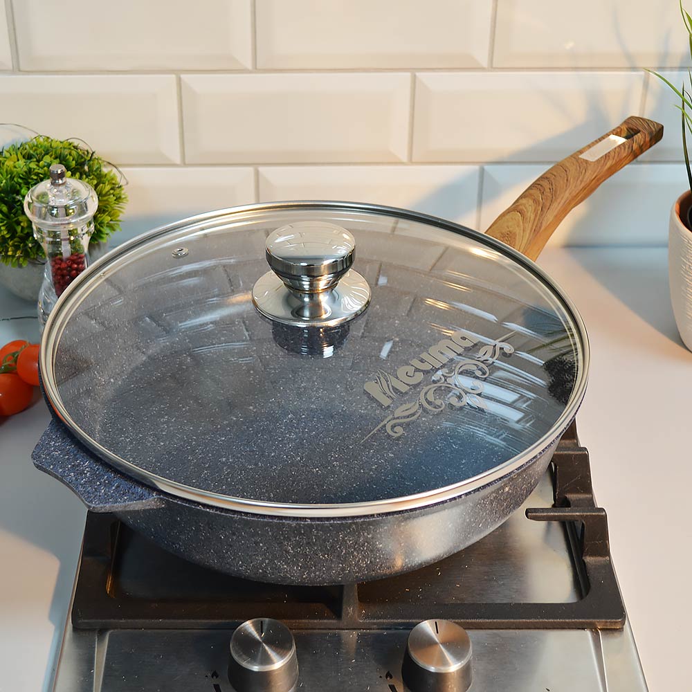 Сковорода 30см Premium blue с несъемной ручкой и стеклянной крышкой