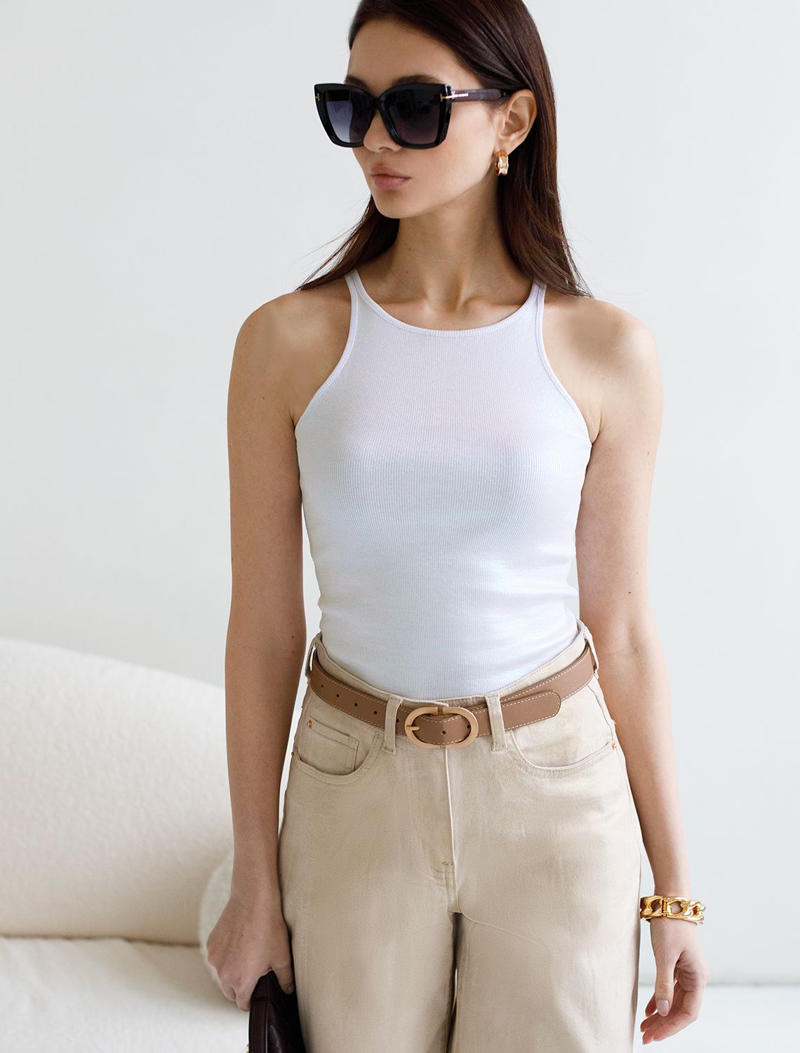 Топ с закрытым декольте из хлопка с эластаном в рубчик с матовым покрытием металлик