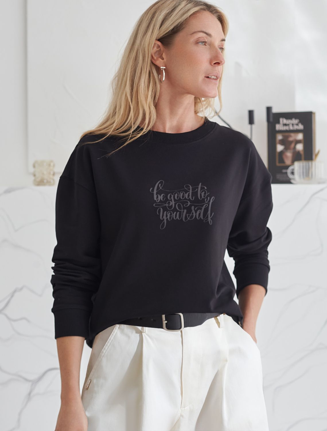 Свободный свитшот с принтом и разрезами из эластичного футера двухнитки без начеса