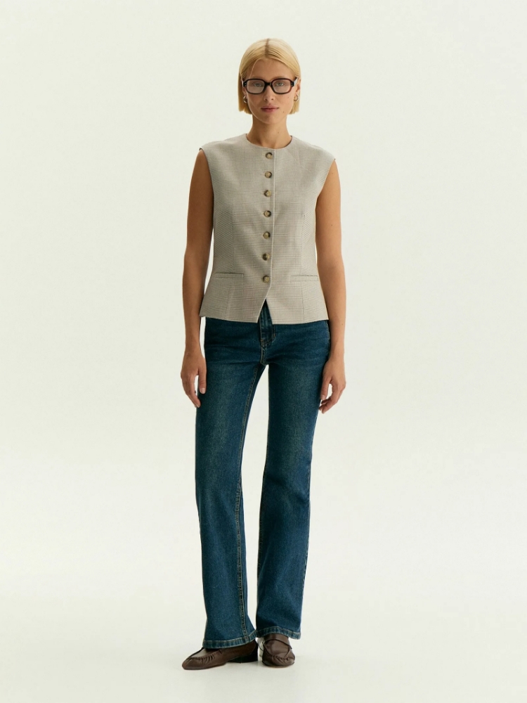 Однобортный жилет с принтом гусиная лапка ,
97% хлопок, 3% эластан ,