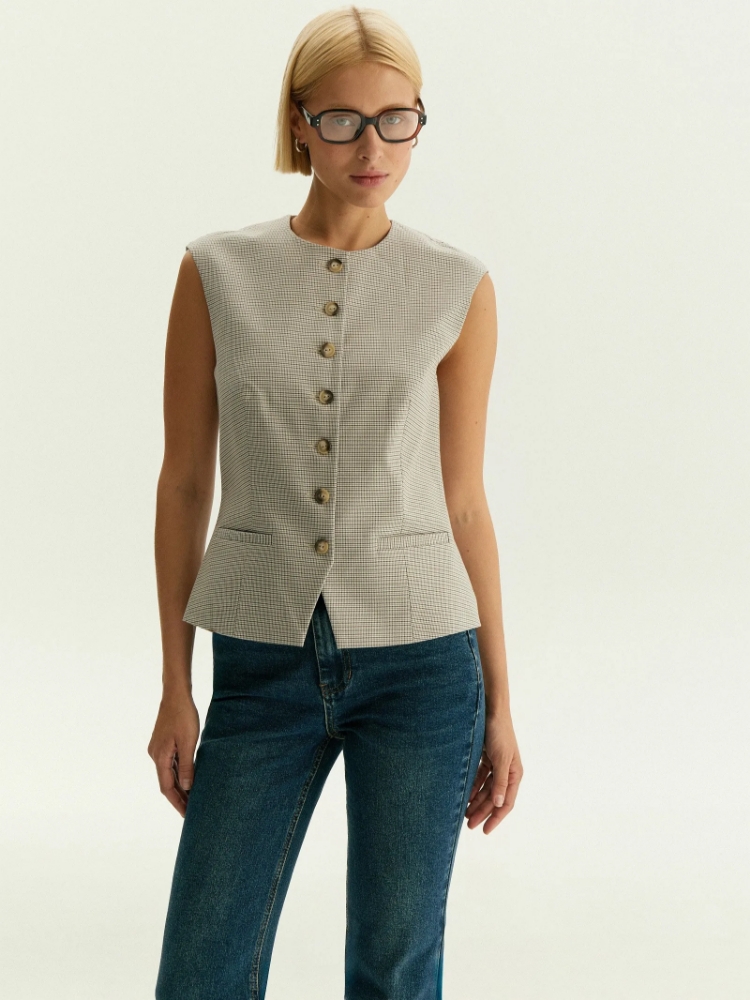 Однобортный жилет с принтом гусиная лапка ,
97% хлопок, 3% эластан ,