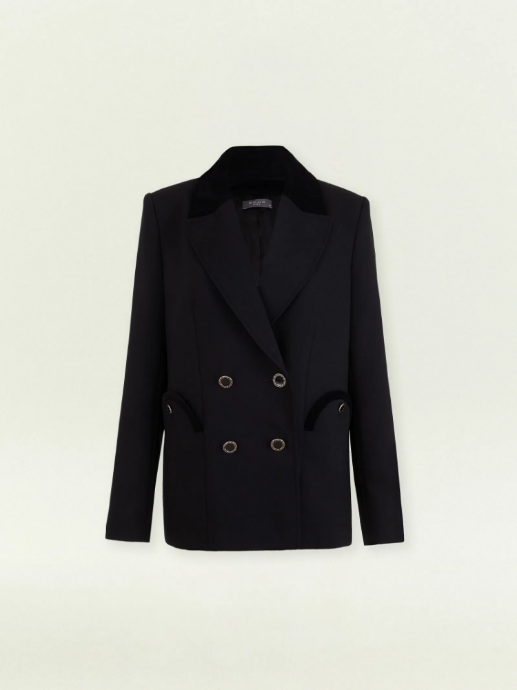 Двубортный жакет с бархатной отделкой ,
68% полиэстер, 27% вискоза, 5% эластан ,