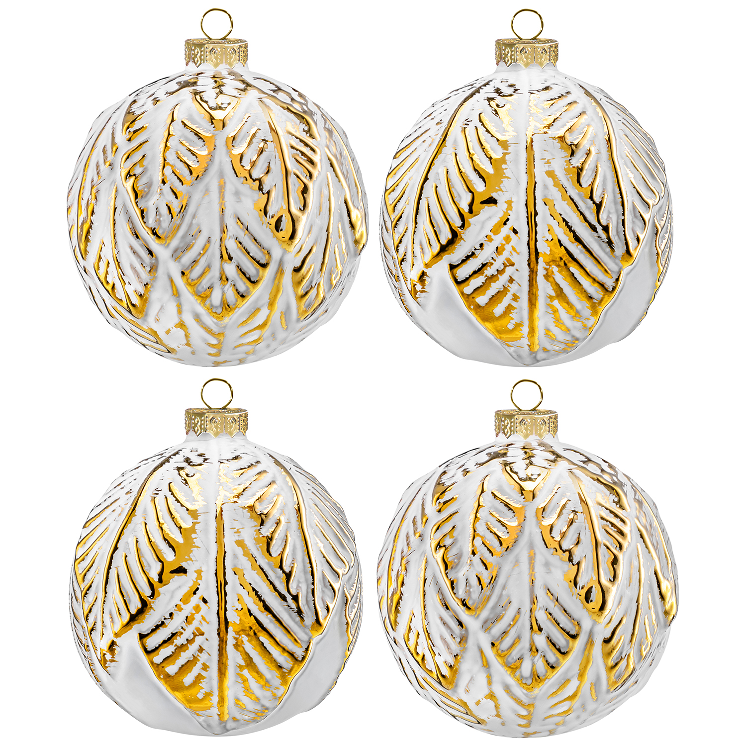 БЫЛО 817 руб! Набор 4 стеклянных новогодних шаров на елку 7,7*7,7 см белый, золотые листики