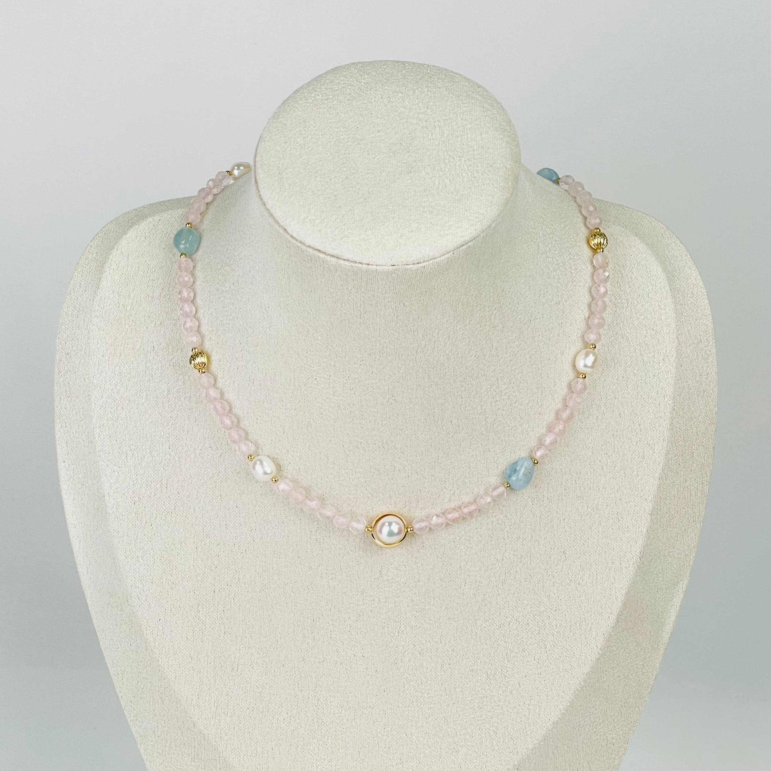 Радуга Самоцветов Колье из Розового кварца, Аквамарина и Жемчуга