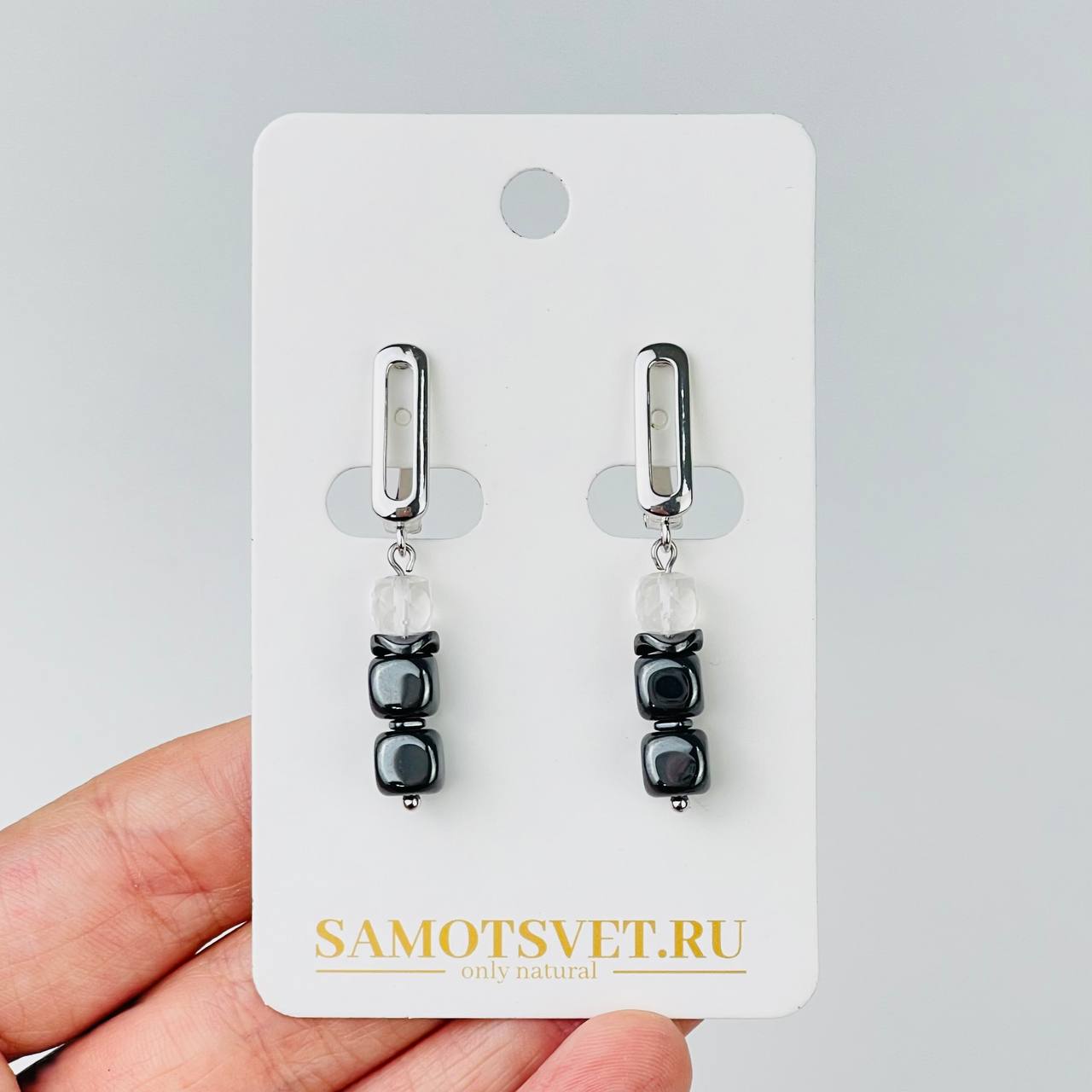 Радуга Самоцветов Серьги из Гематита и Горного Хрусталя