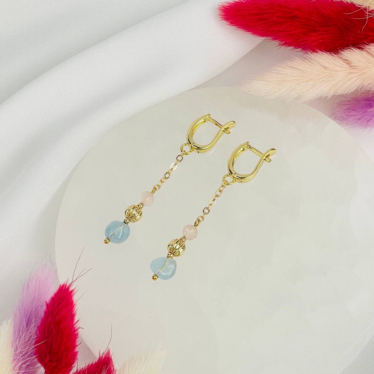 Радуга Самоцветов Серьги на цепочке из Розового кварца и Аквамарина