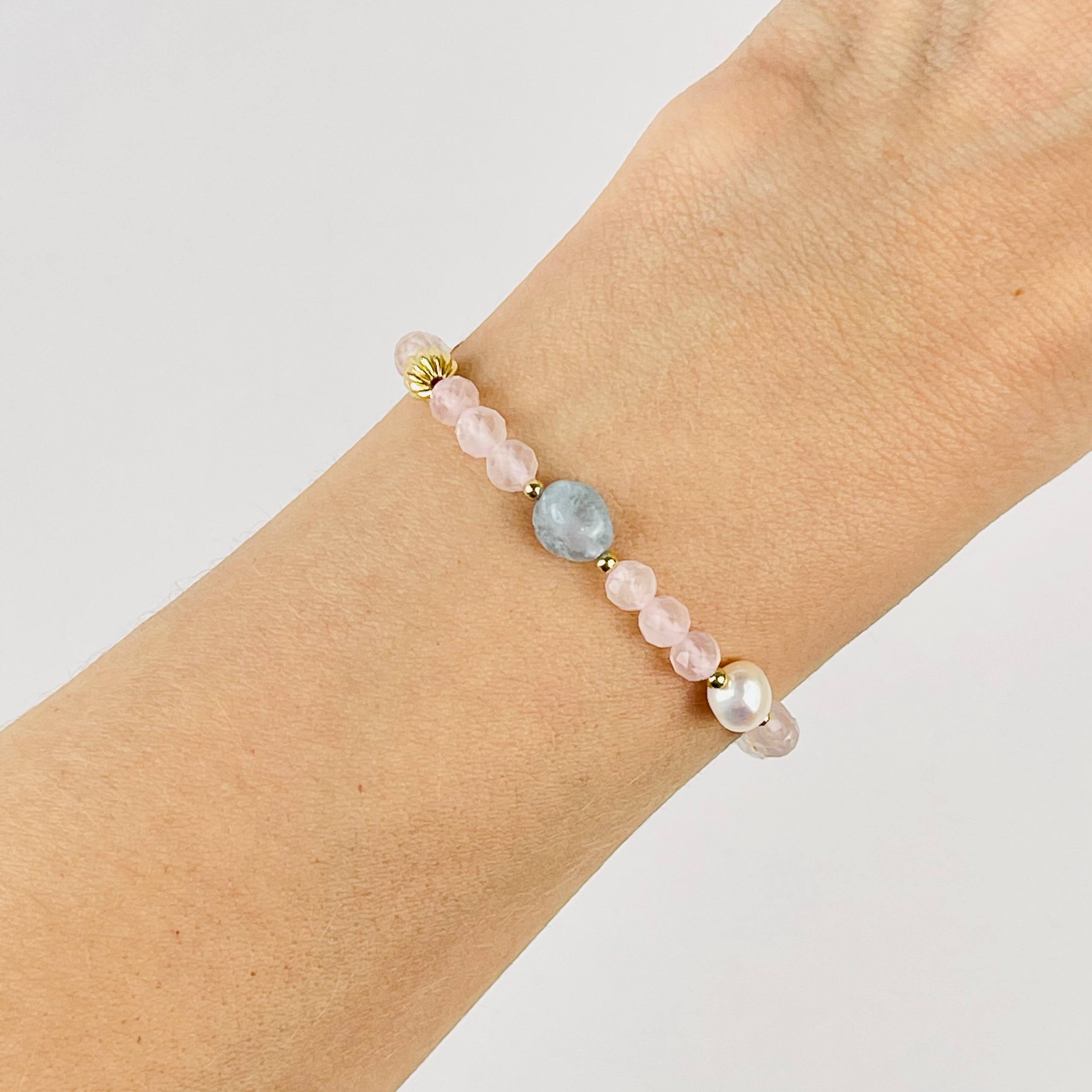 Радуга Самоцветов Браслет из Розового кварца, Аквамарина и Жемчуга
