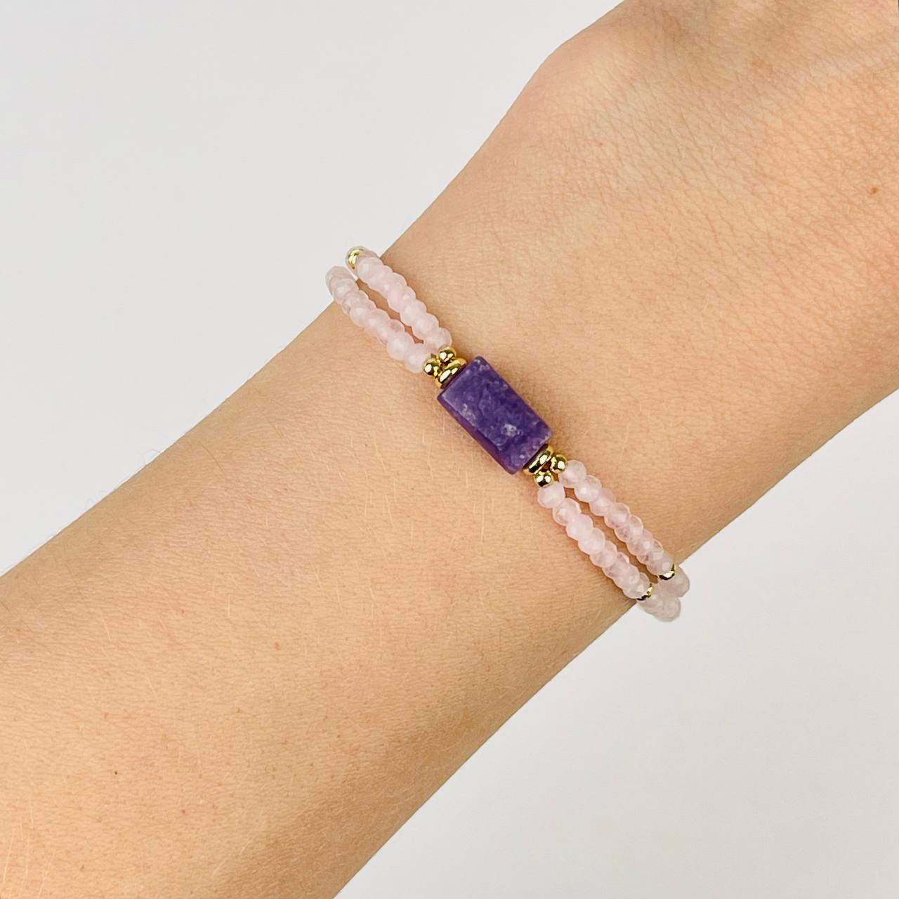 Радуга Самоцветов Браслет двойной из Розового кварца и Лепидолита