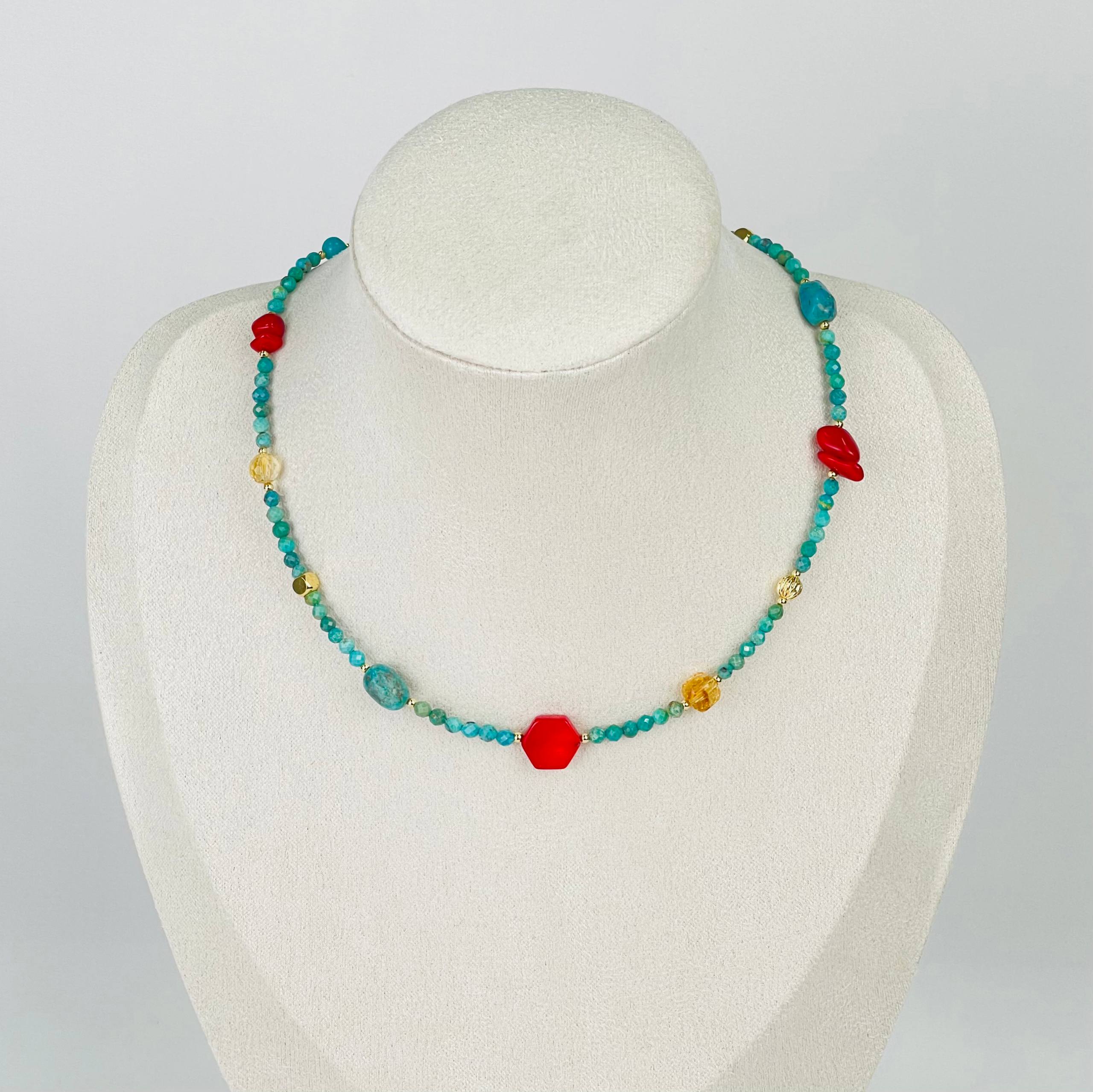 Радуга Самоцветов Колье из Бирюзы, Коралла и Цитрина