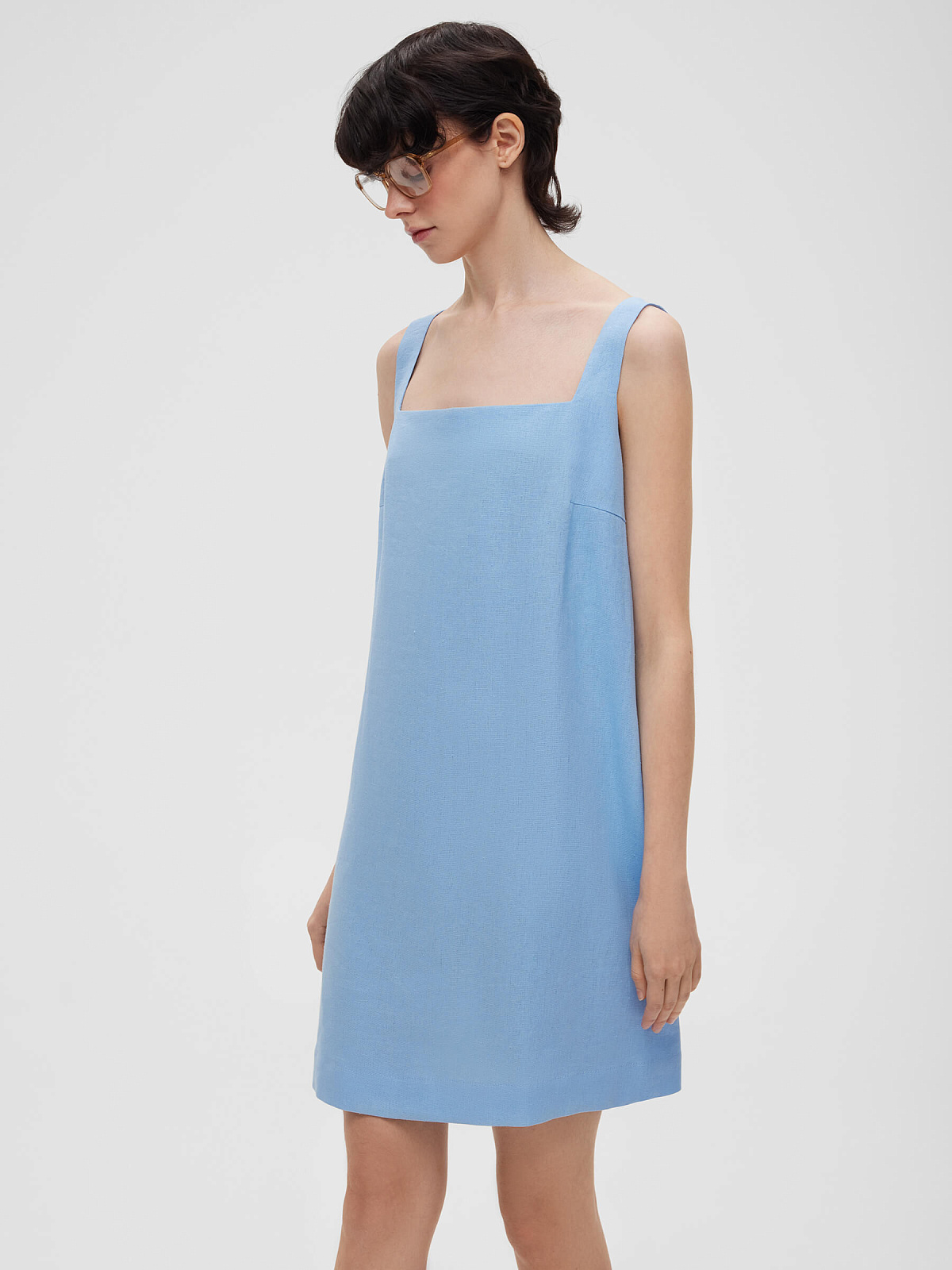Платье мини из льняной ткани 0191, голубой