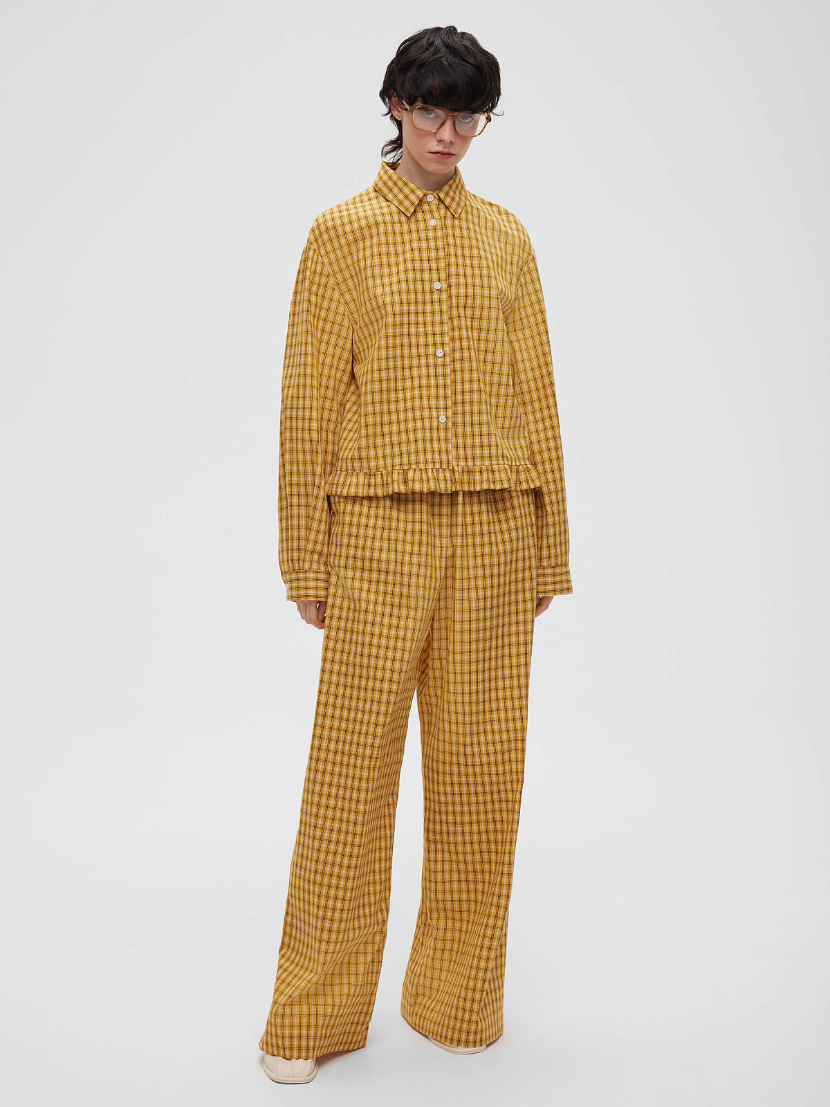 Брюки клеш из хлопка в клетку 0182, желтый