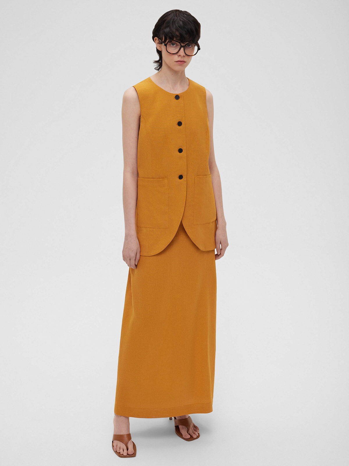 Жилет на пуговицах с карманами из льняной ткани 0188, оранжевый