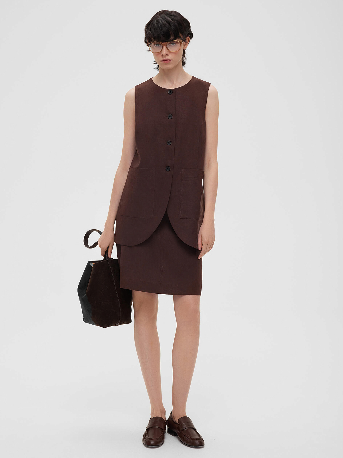 Жилет на пуговицах с карманами из льняной ткани 0188, коричневый