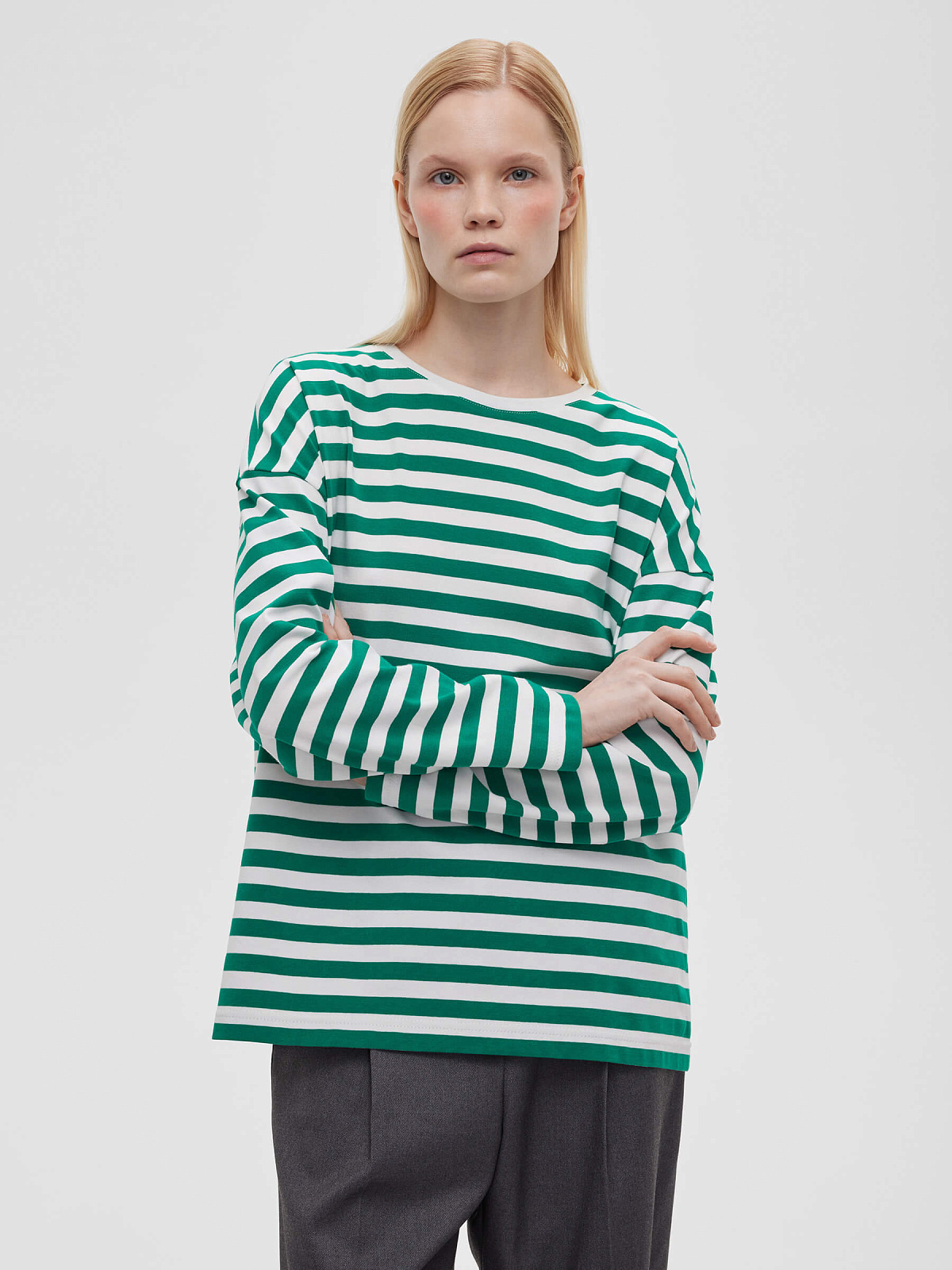 Лонгслив в полоску 0109, зелено-белый