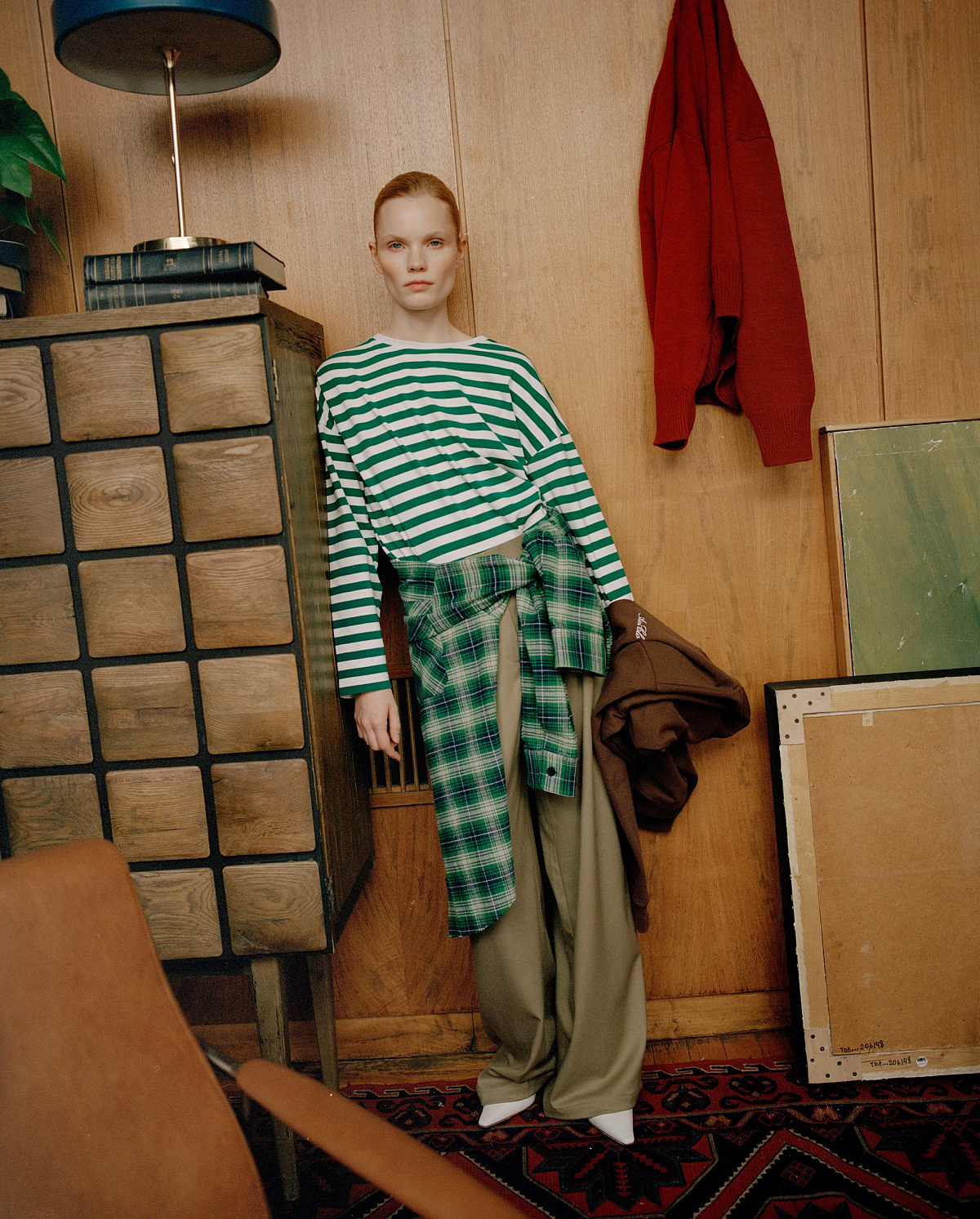 Лонгслив в полоску 0109, зелено-белый