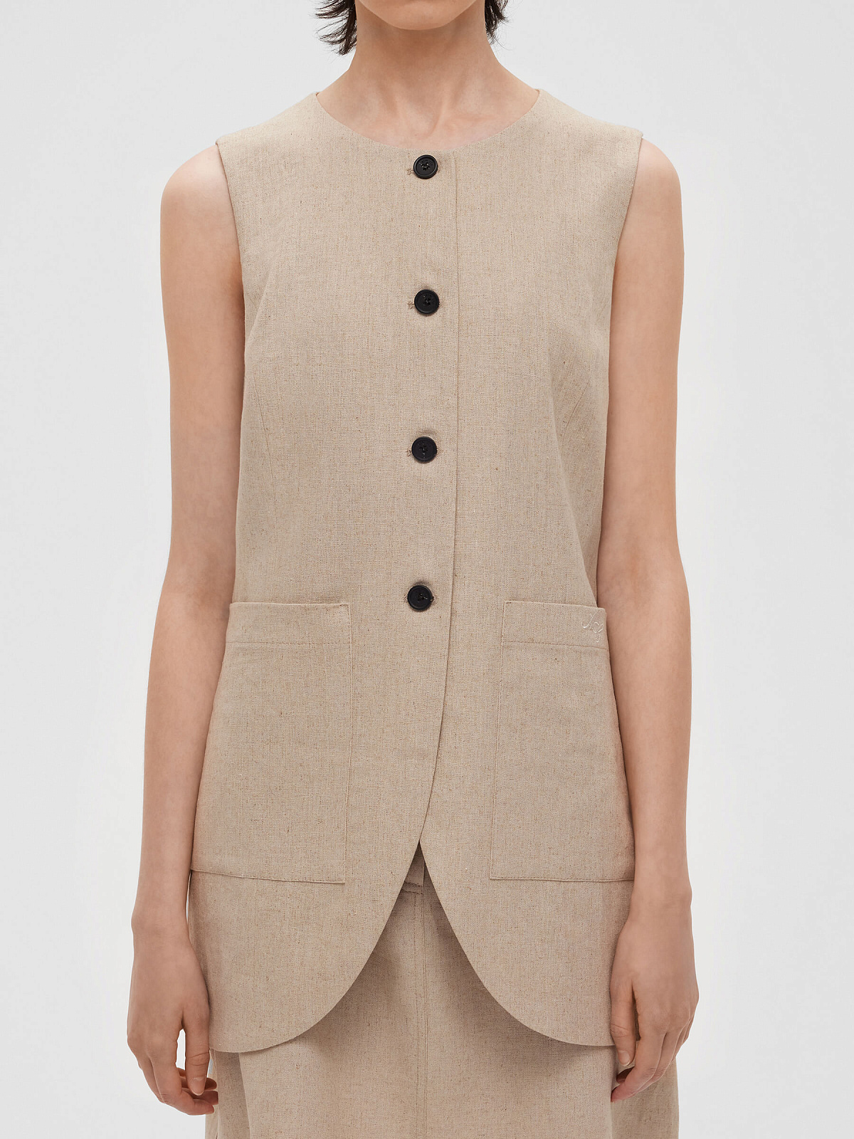 Жилет на пуговицах с карманами из льняной ткани 0188, бежевый