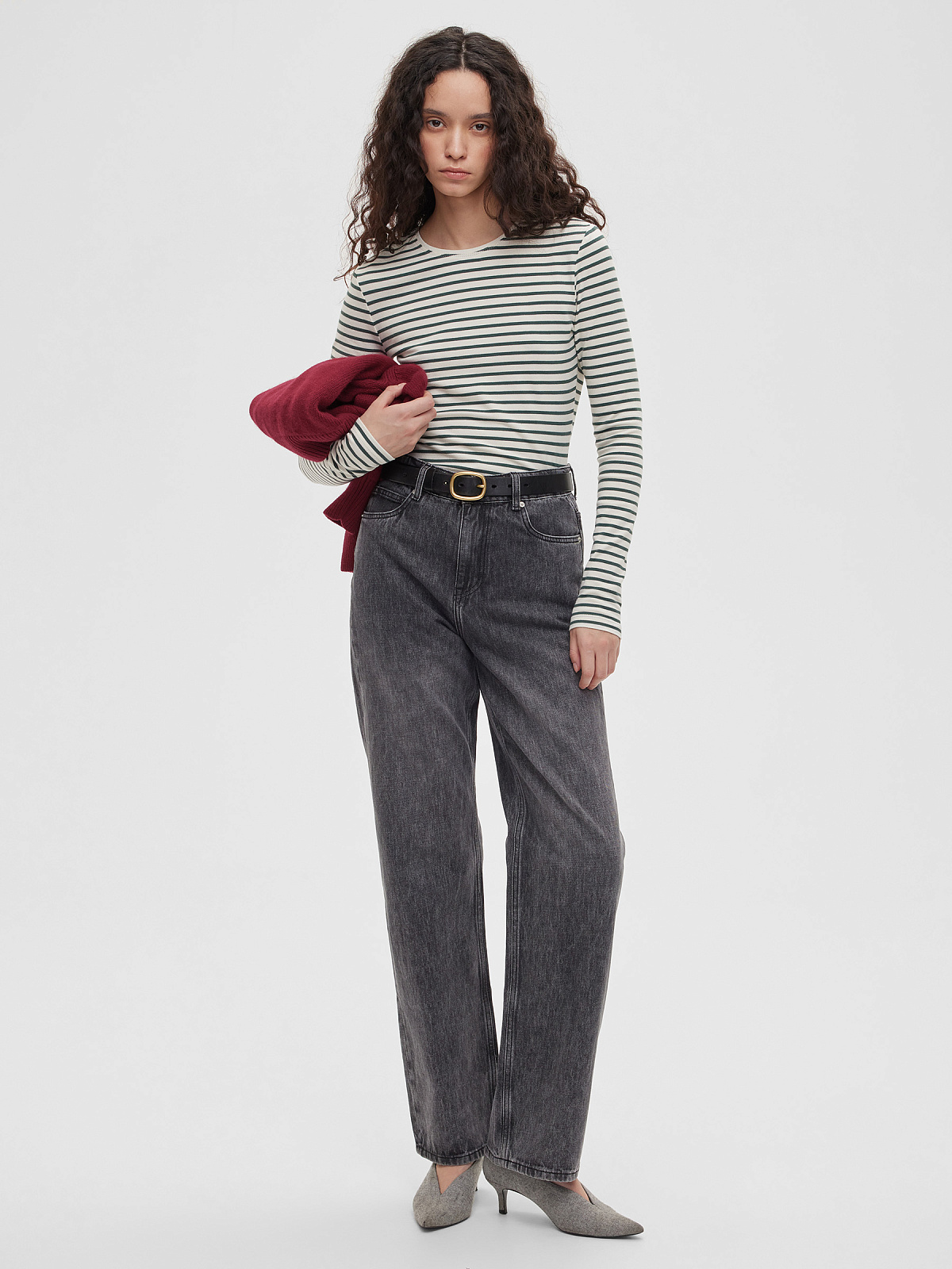 Лонгслив в полоску 0176, молочный-хаки