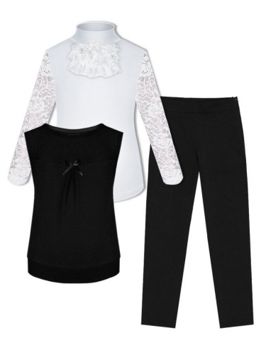 Школьная форма для девочки с белой водолазкой (блузкой), черным жилетом и брюками