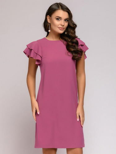Платье ягодного цвета длины мини с воланами на плечах