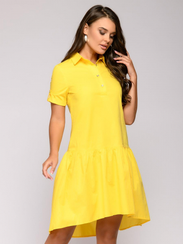 Платье желтое свободного кроя с воланом