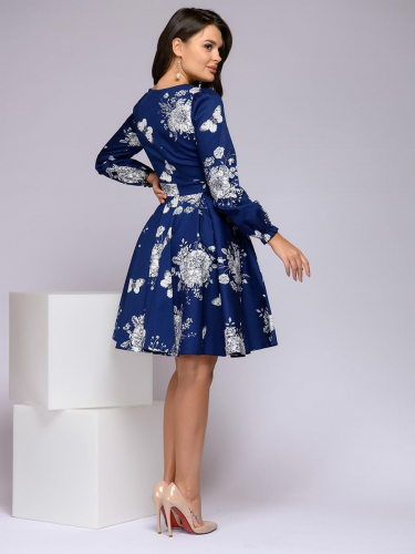 Платье синее с цветочным принтом и длинными рукавами