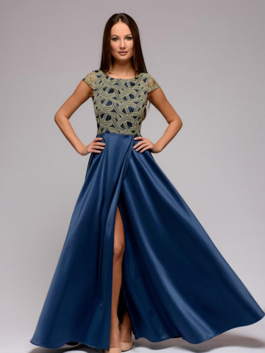 Платье темно-синее длины макси с золотой вышивкой и разрезом на юбке