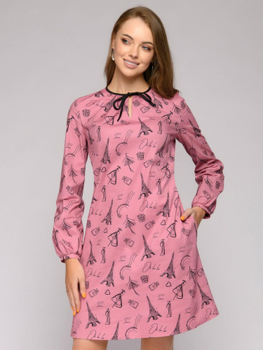 Платье розовое с принтом длины мини с черными завязками