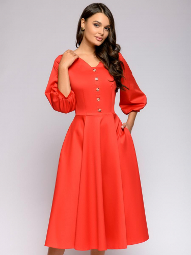 Платье красное длины миди с объемными рукавами