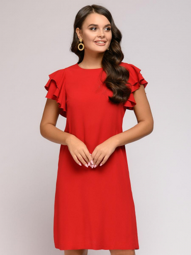 Платье красное длины мини с воланами на плечах