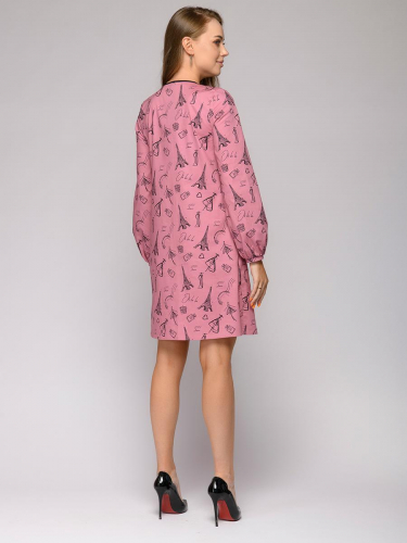 Платье розовое с принтом длины мини с черными завязками