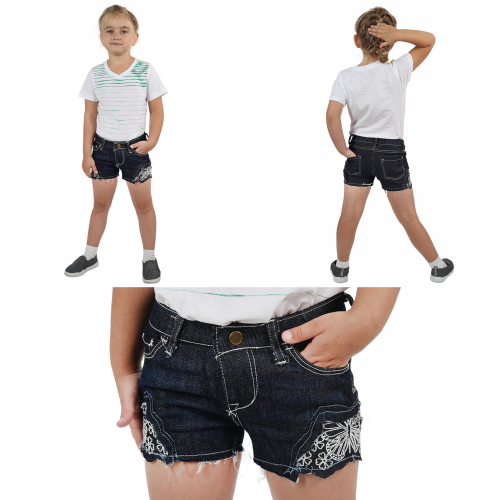 Детские джинсовые шорты для девочки – вышитые контрастные бабочки №614
