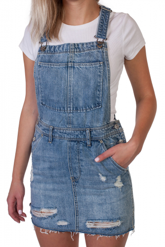 Джинсовая юбка-сарафан – романтичная модель мини с потертостями №312