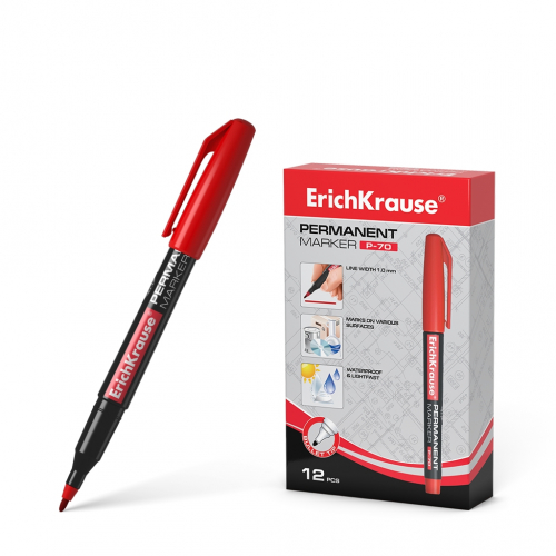 Перманентный маркер ErichKrause®  P-70, цвет чернил красный (в коробке по 12 шт.) 