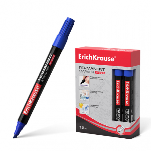 Перманентный маркер ErichKrause®  P-300, цвет чернил синий (в коробке по 12 шт.) 