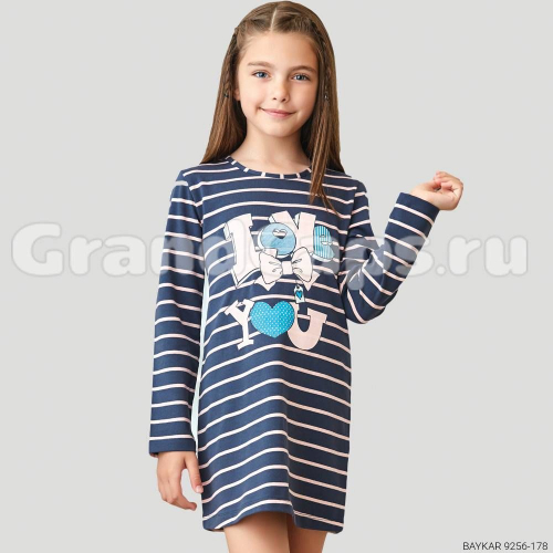 Ночная рубашка для девочки с длинным рукавом Baykar (9256) Темно-Синий (№178)
